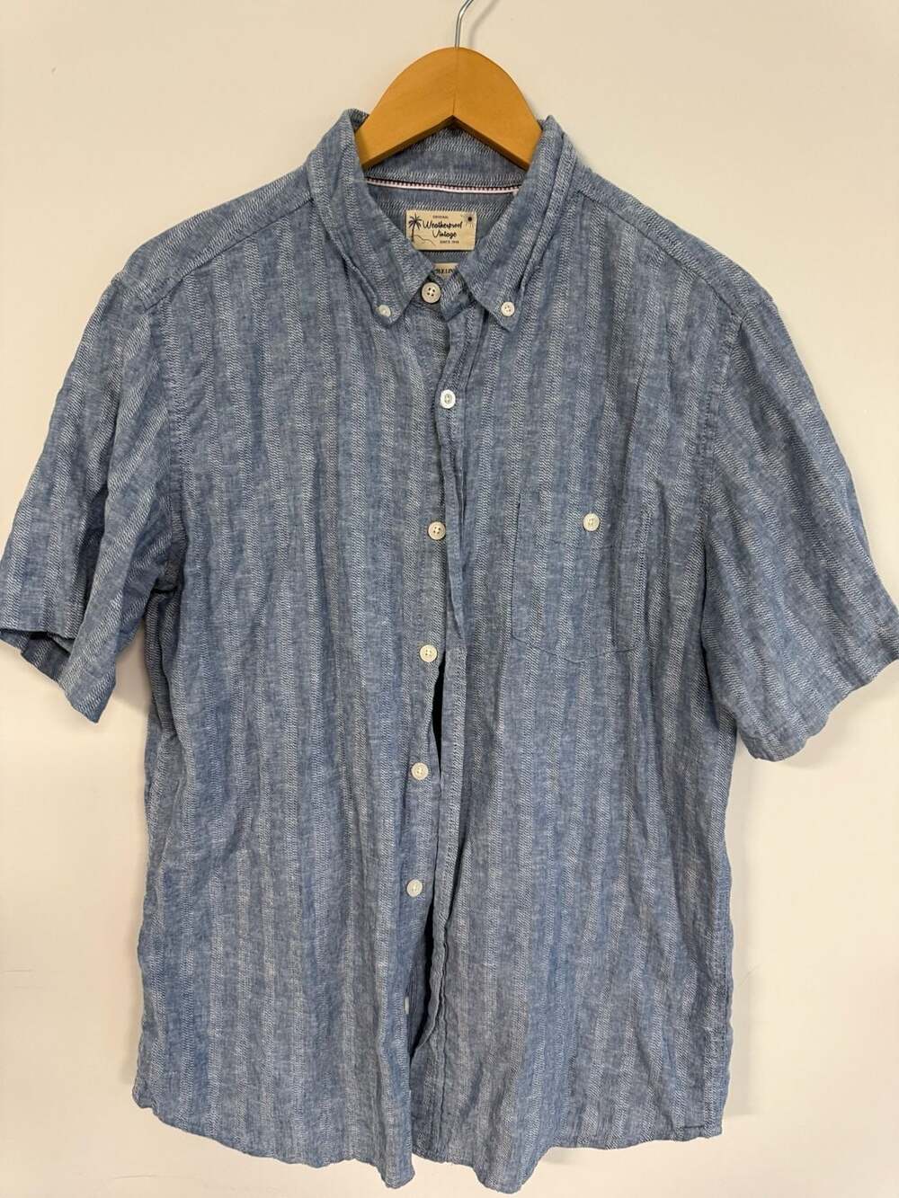 Weatherproof Vintage Men's Washable Linen Blue Vertical Stripe Short Sleeve Butt